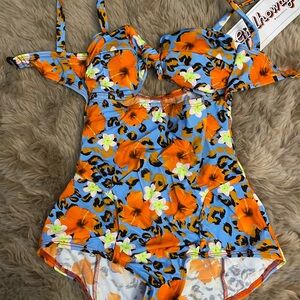 Vintage Floral Swimwear Medium - Blue and Orange